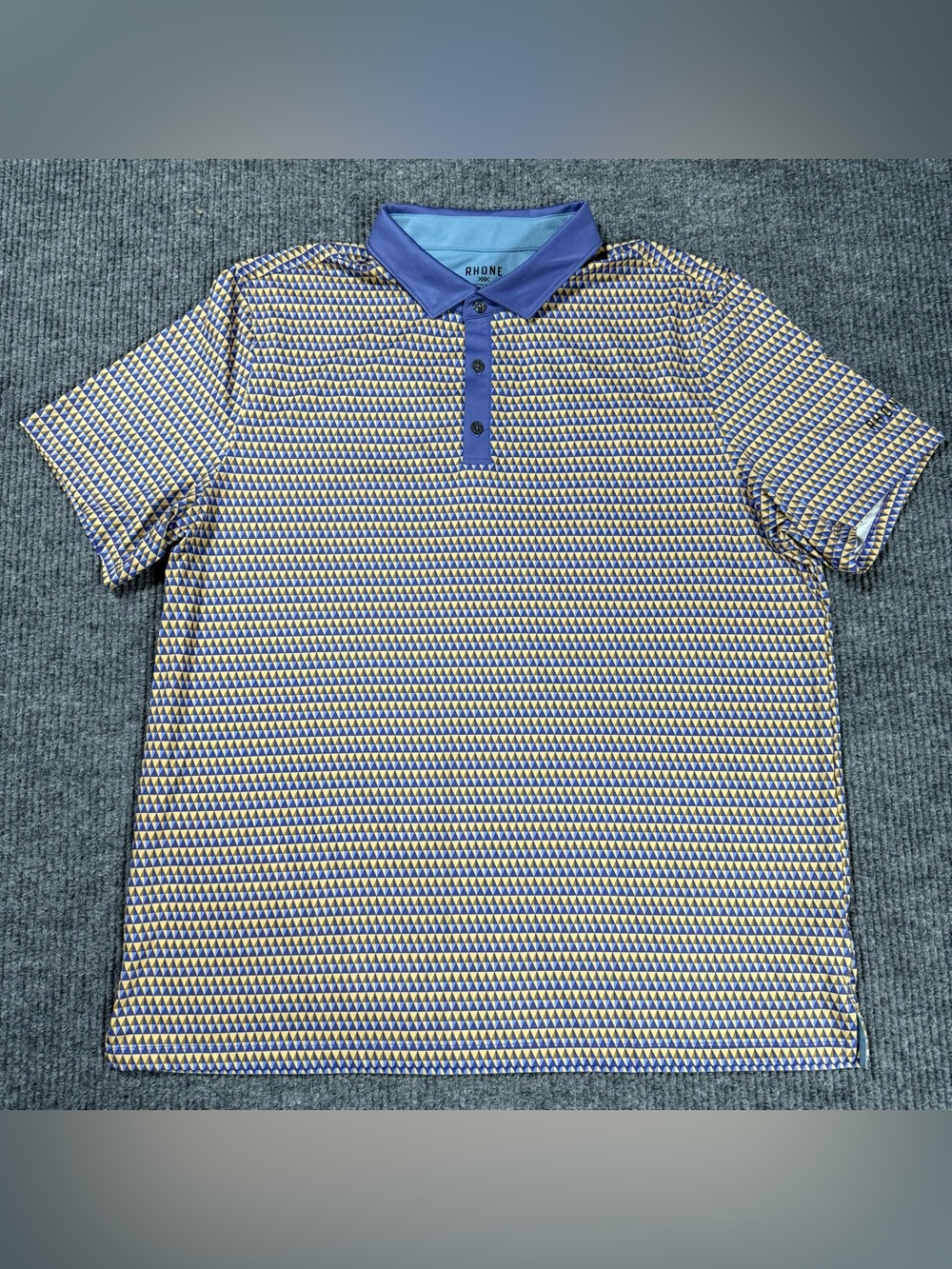 Rhone Polo Shirt Mens 2XL Blue Tan Desert Mist Diamond Geometric Golf Stretch